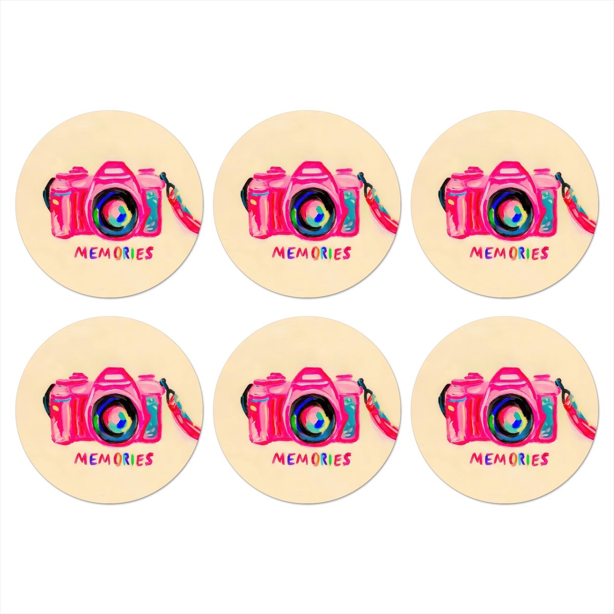 Onderzetters voor glazen - Rond - Camera - Memories - Roze - Geschilderd - 10x10 cm - Glasonderzetters - 6 stuks