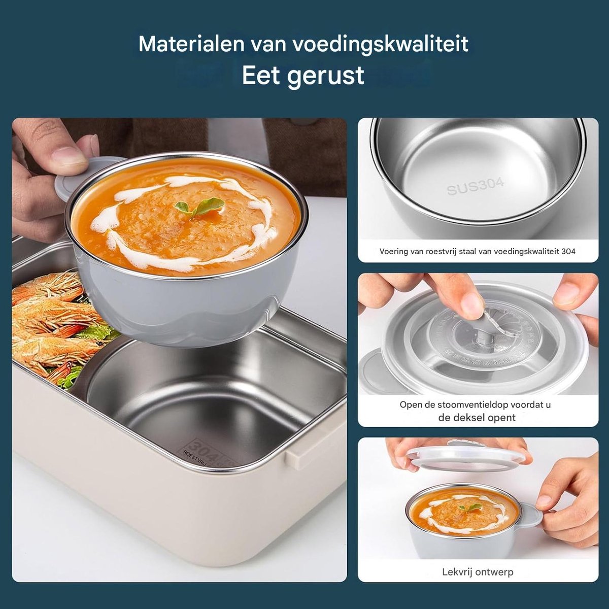 Deze dubbelwandige lunchbox van roestvrij staal met een inhoud van 2 liter is geïsoleerd en lekvrij, en wordt geleverd met bestek en een soepkom. Hij is geschikt voor gebruik op het werk, op school en tijdens buitenactiviteiten. — cadeau in Koken & Dineren - foto 8