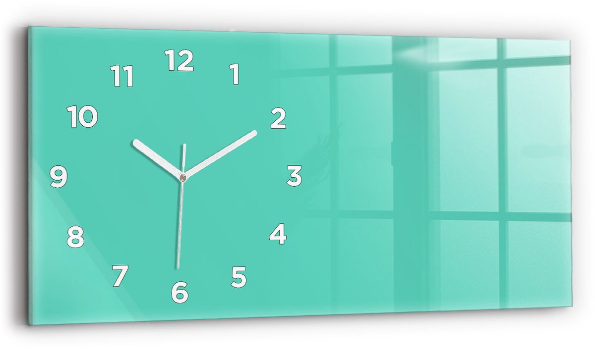 Wallfluent Wandklok - Turkoois Rechthoekige Glas Klok - 60 cm x 30 cm - Turkoois Wandklok - Witte Handen - Wandklok Met Cijfers - Wandklok Glas Woonkamer - Rechthoekige Glazen Wandklok - Scandinavisch Wandklok - Glazen Klok Rechthoekige