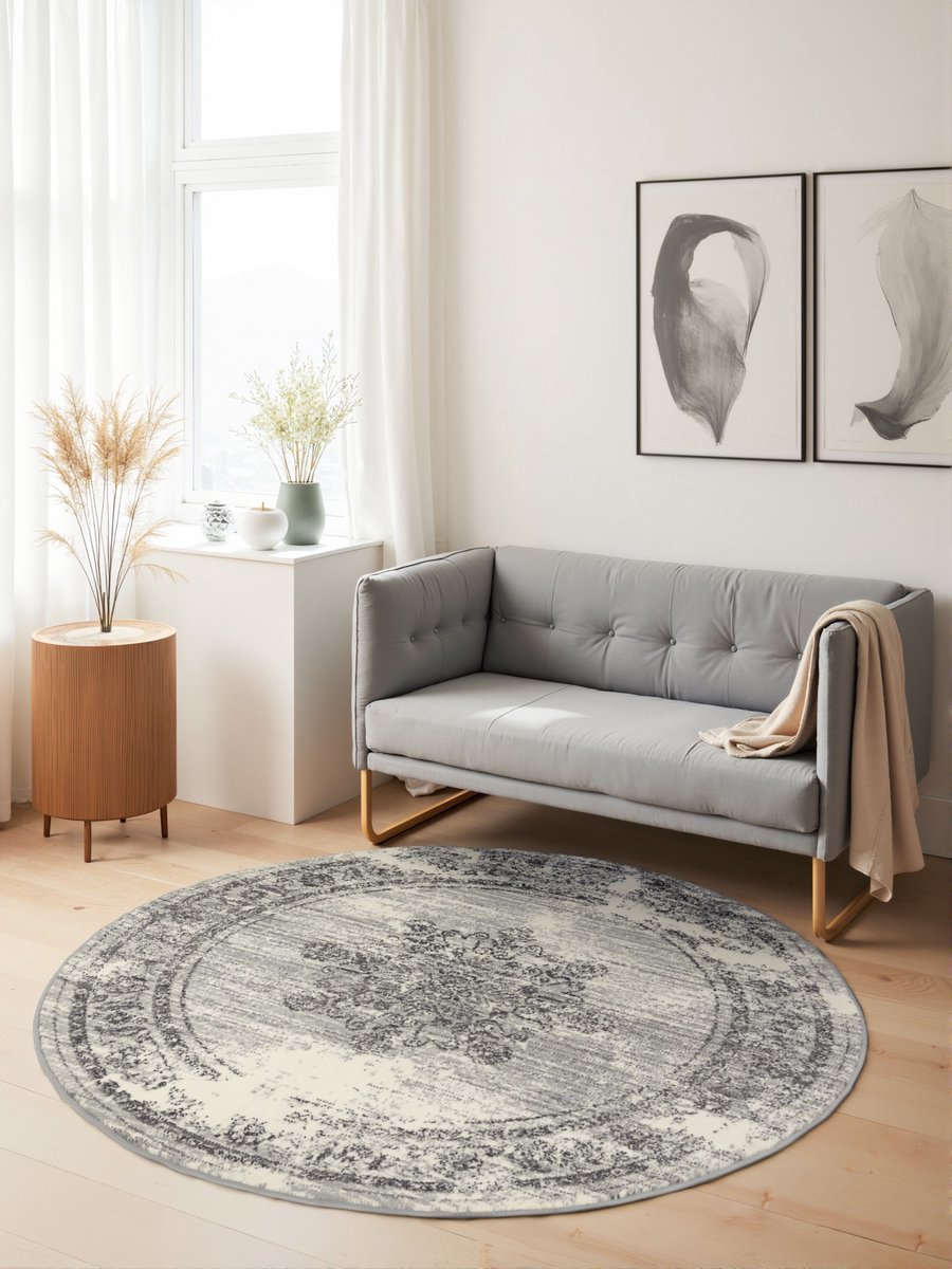 flycarpets Rond Laagpolig Vloerkleed - Gloria - Lydia - Creme / Grijs 120cm rond Ø