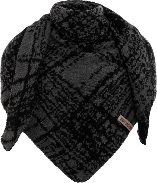 Châle tricoté Lea Knit Factory - Écharpe Driehoek femme - Écharpe femme - Écharpe hiver - Étole - Écharpe laine - Écharpe chinée Zwart - Zwart/Anthracite - 190x85 cm - Avec épingle décorative