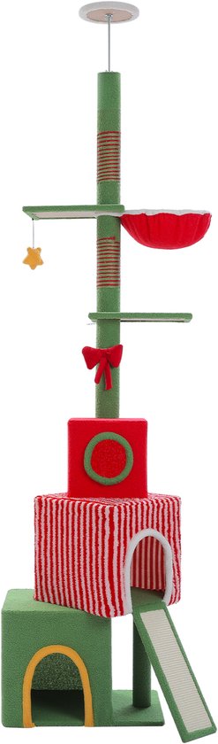 Groene kattenkrabpaal met rode en witte gestreepte kubussen, rode mand, en gele ster.