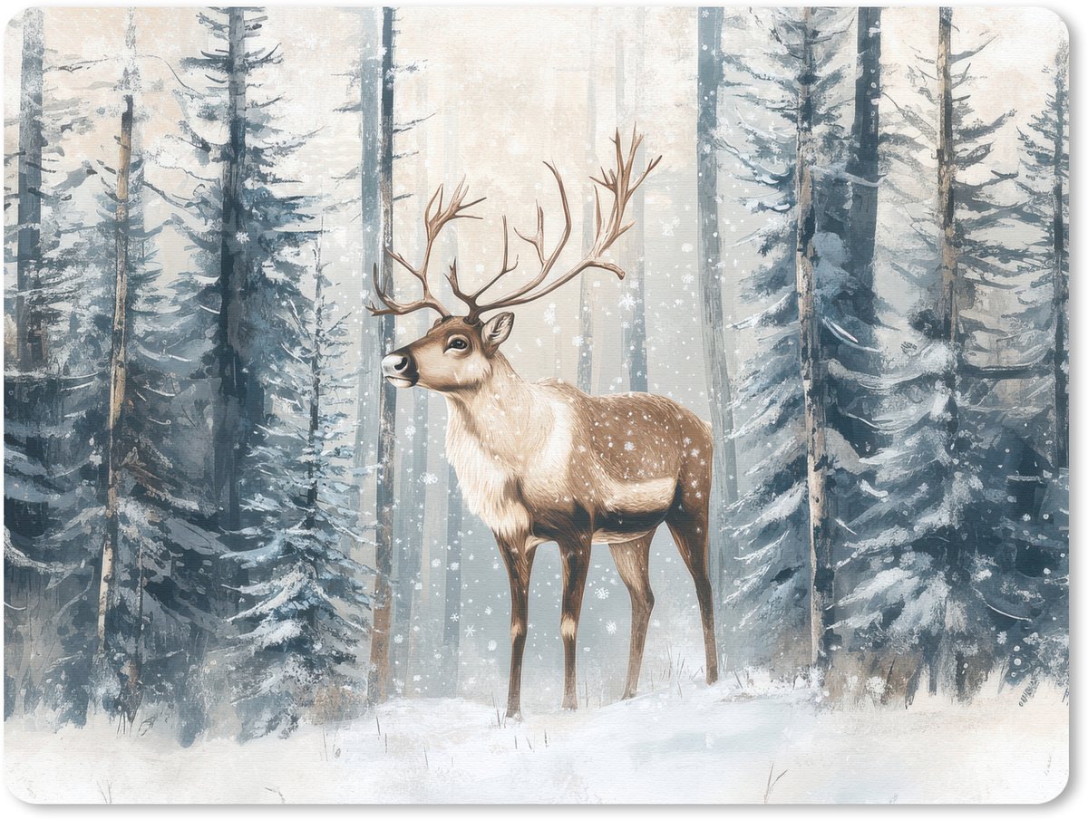 Muismat 23x19 cm - Mousepad Rendier - Sneeuw - Woud - Wit - Muismatten
