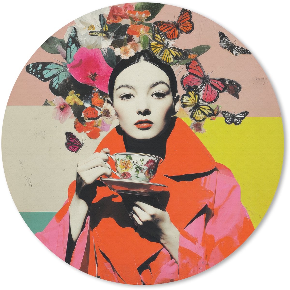 Muismat rond 30x30 cm - Mousepad Retro - Vrouw - Kopje - Vlinders - Ronde muismatten