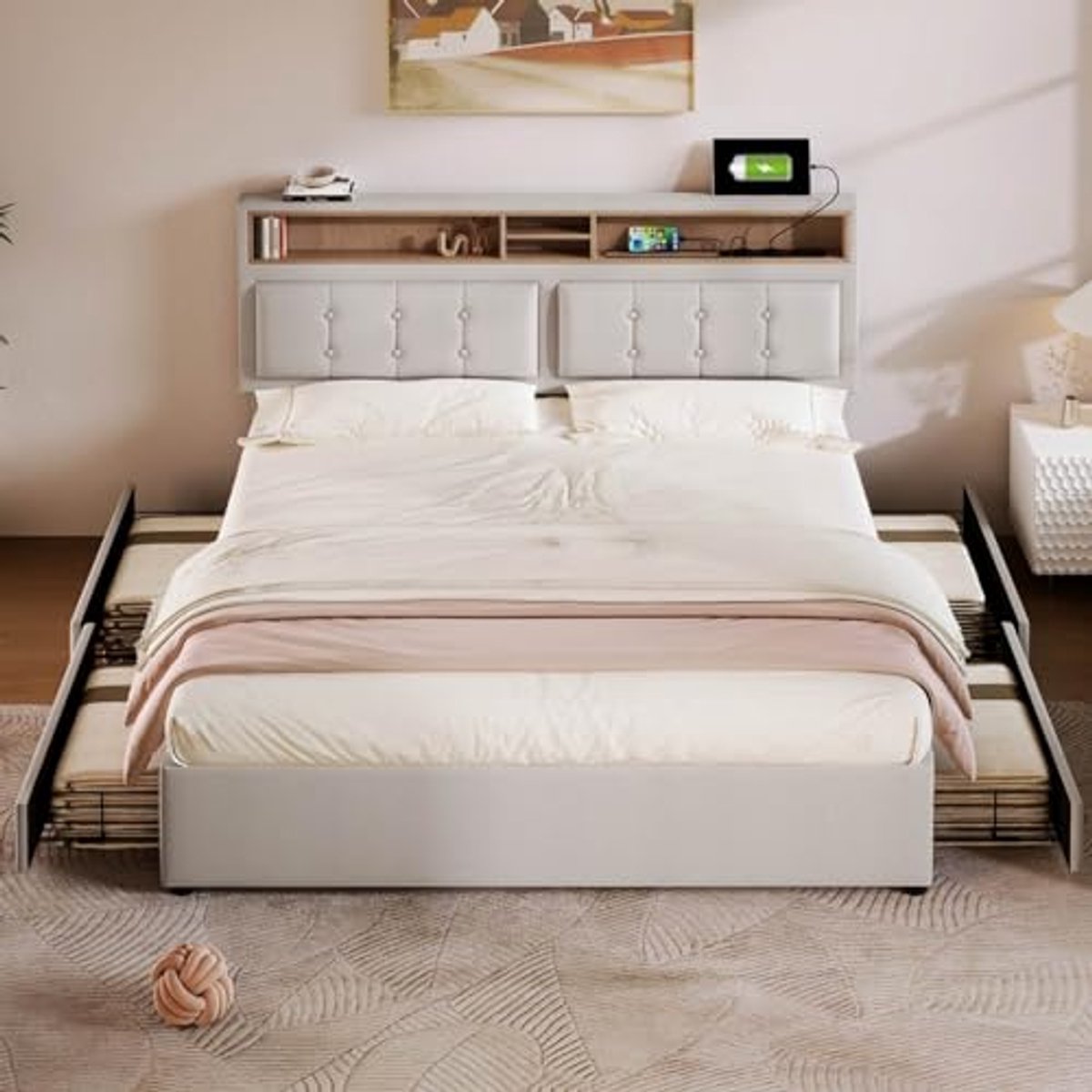Gevoerd Tweepersoonsbed met 4 Lades - Bedframe met Houten Lattenbodem (160 x 200 cm)