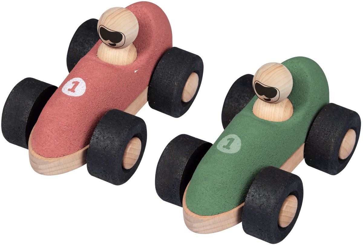 KORKO - Set van 2 kurken raceauto's voor baby's - Rood en groen - Vanaf 18 maanden