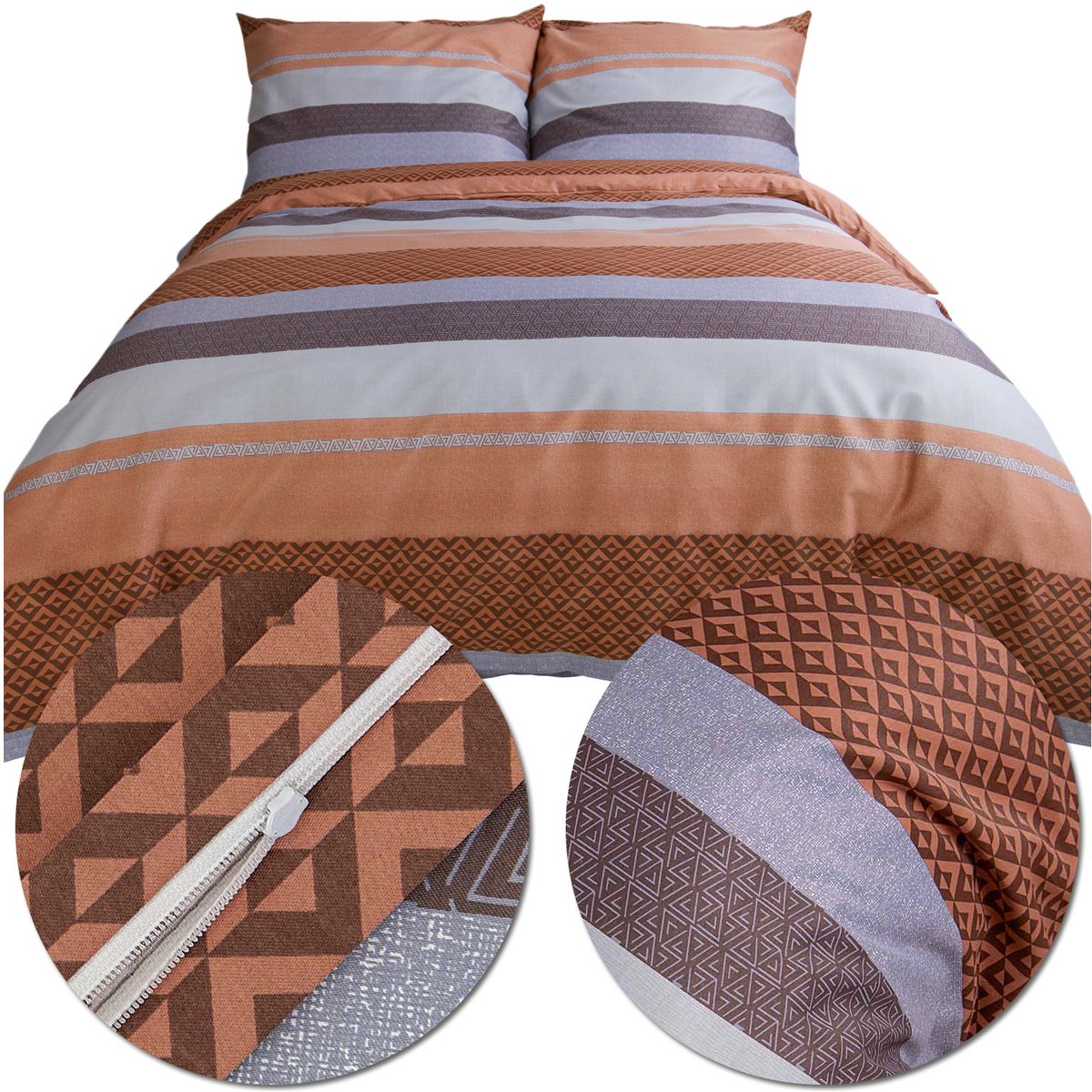 Katoenen satijnen beddengoedset 200x220 cm, oranje/bruine strepen