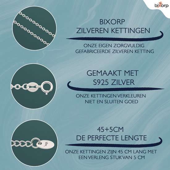 Details van een zilveren ketting: schakels, S925 zilver sluiting en een 45+5cm verlengstuk.