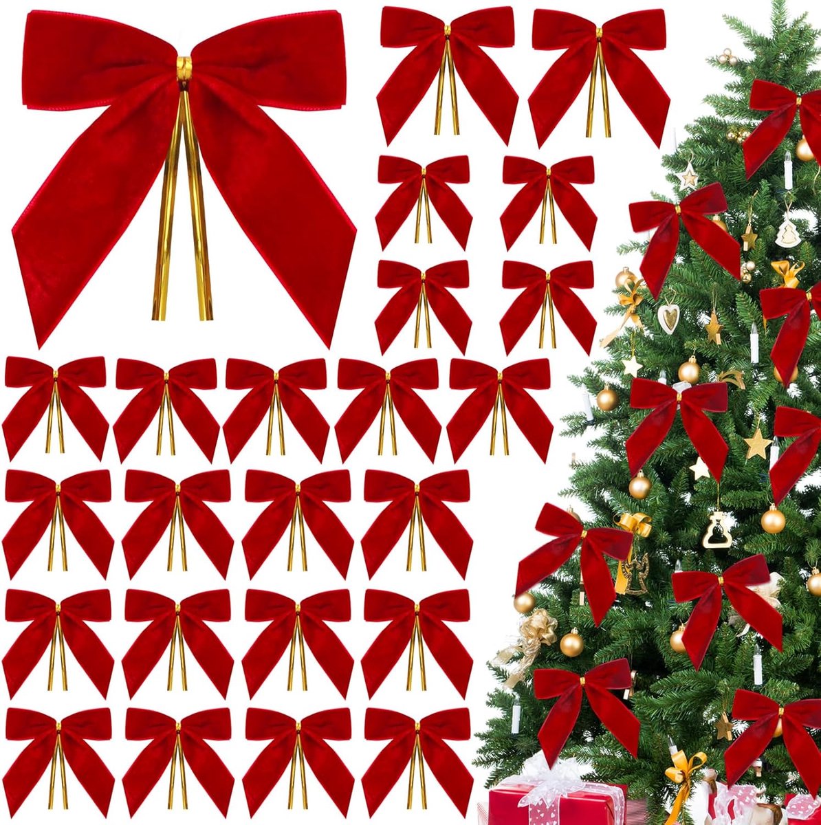 Fluwelen Kerststrikken - 24 Stuk - Kerst Strikken - Kerst Decoratie Strikjes - Kerstversiering - Kerstdecoratie voor binnen - Kerststrikjes Rood - Kerstboom Decoratie - Kerstsfeer - voor Cadeauverpakking Deur Vintage Slinger Krans - Rood