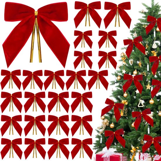 Collection de nœuds de Noël en velours rouge avec attaches torsadées dorées, et un sapin de Noël décoré de nœuds.