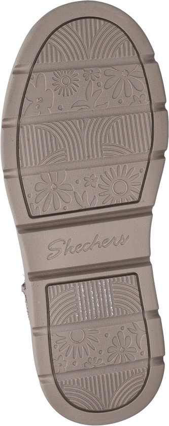 Buitenzool van een bruine laars met bloemenpatroon en Skechers logo.
