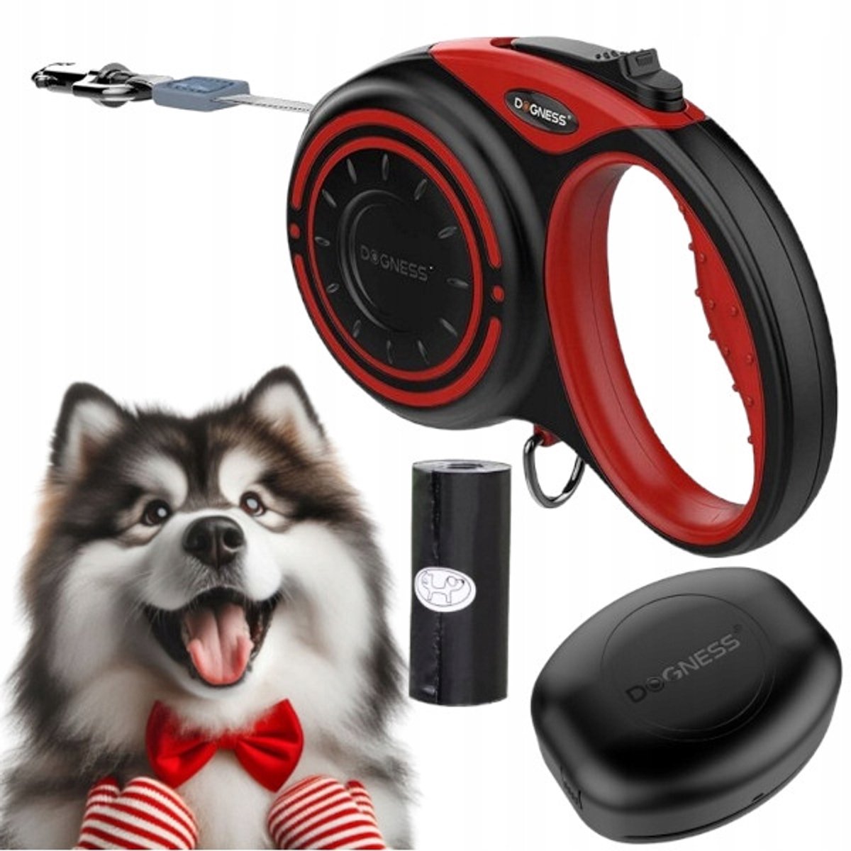 Automatische Hondensnoer 5m (L) tot 36kg met Poepzakhouder - Rood