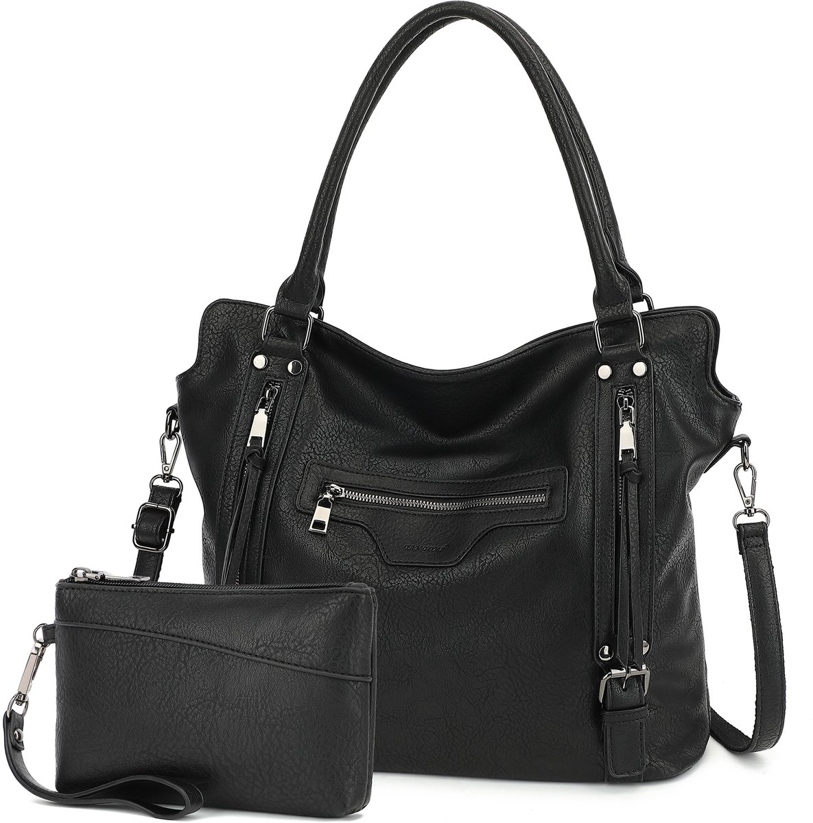 TAN.TOMI - Dames Handtassen set met Portemonnee - Schoudertas - Grote Shopper - Tweedelige - Zwart - Valentijn cadeautje voor haar