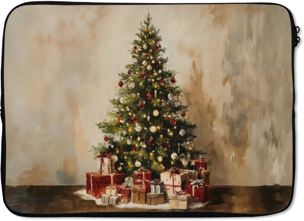 Laptophoes 13 inch - Kerstboom - Versierd - Kleurrijk - Laptop sleeve - Binnenmaat 32x22,5 cm - Zwarte achterkant