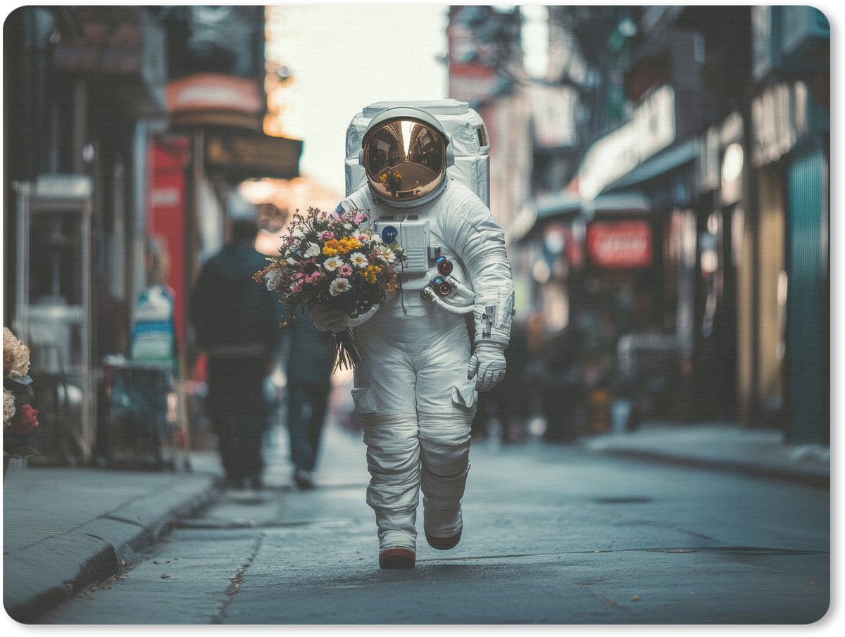 Muismat 23x19 cm - Mousepad Boeket - Bloemen - Kleurrijk - Astronaut - Muismatten