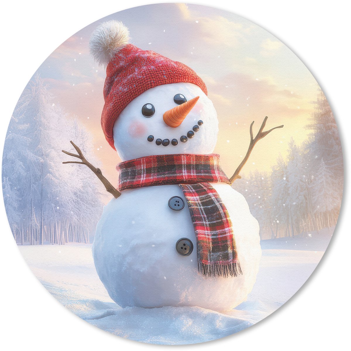 Muismat rond 30x30 cm - Mousepad Sneeuwpop - Zonsondergang - Wit - Ronde muismatten
