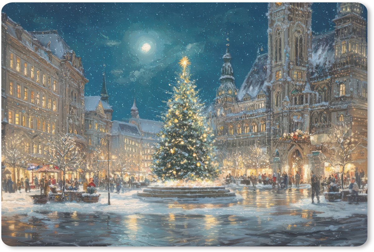 Muismat 27x18 cm - Mousepad Kerstnacht - Stadsplein - Meerkleurig - Muismatten