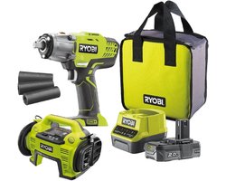 Ryobi 18 V ONE+ Professionele bandenwisselset | Eenvoudige bandenwissel met slagsleutel en compressor | Inclusief 2,0 Ah accu en lader | Ideaal voor ontluchten en oppompen
