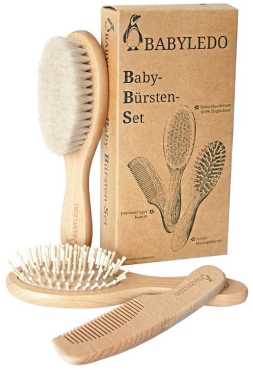 Image of 3-delige Babyborstelset voor Pasgeborenen en Peuters - Zachte Borstels met Geitenhaar en Beukenhouten Kam - Perfect Cadeau voor Nieuwe Ouders