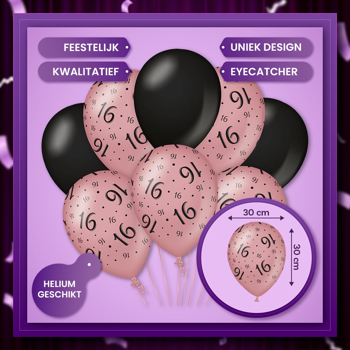 Q2P - 16 Jaar Ballon - Verjaardag Versiering - Rosegoud & Zwart - Helium Ballonnen - Feest Decoratie - Sweet Sixteen - 8 Stuks — afbeelding 2
