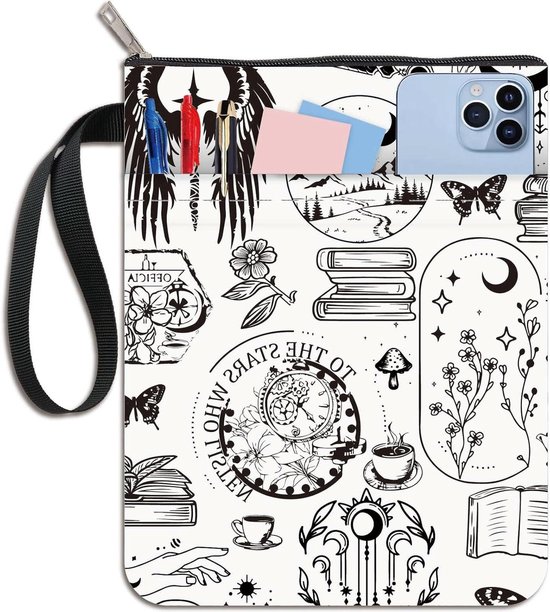 Foto: Witte book sleeve met maanmotief en ritssluiting voor paperbacks wasbare beschermhoes voor boeken met extra mouwzak