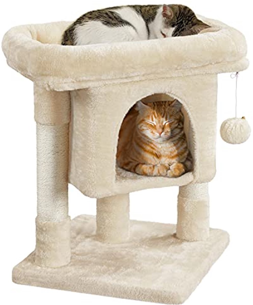 Kattenkrabpaal met Hol en Speelboom voor Kleine Katten - Beige