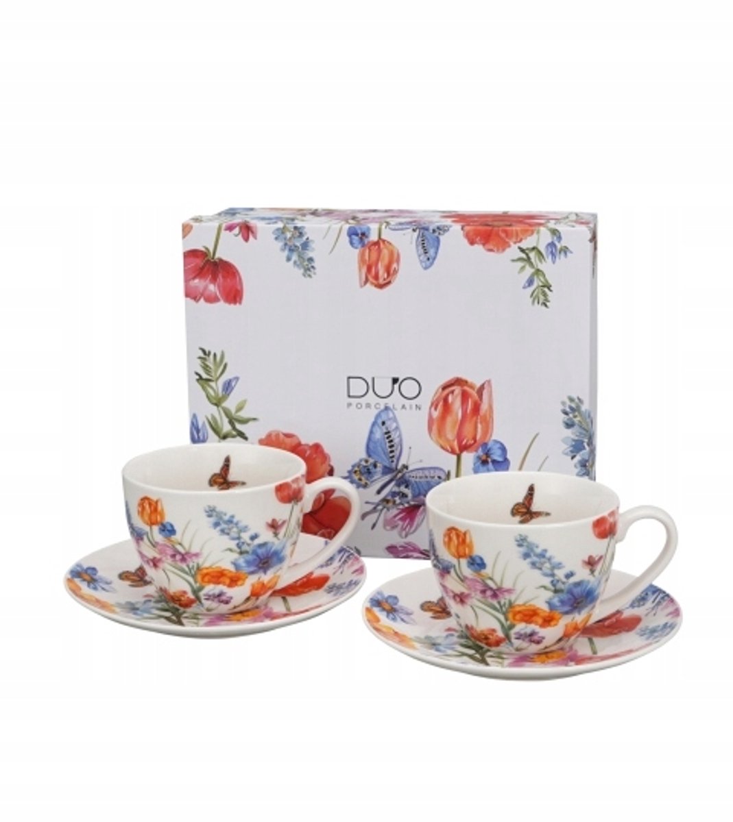 Duo Porseleinen Kopjes met Schotels - 250ml, 2 stuks, Bloemen