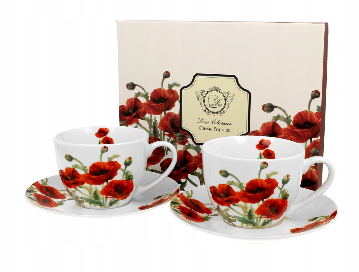 Duo CLASSIC POPPIES: 2 Porseleinen Kopjes met Schotels, 280ml