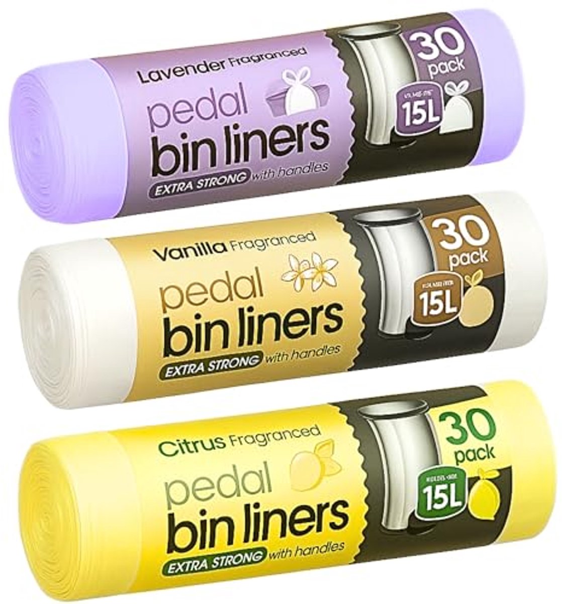 Extra Sterke Geurende Vuilniszakken 15L - Vanille, Lavendel en Citrus - 90 Stuks