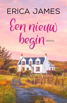 Boekomslag van "Een nieuw begin" met een huis in een landelijk landschap bij zonsondergang.