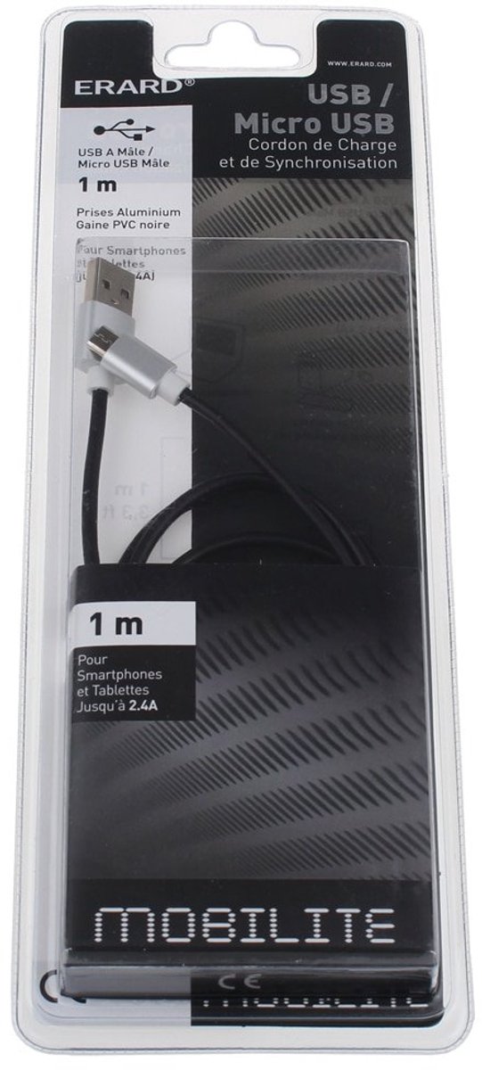 ERARD - Micro USB M / USB M - 2.4A - 1m (prises Alu) - 722405