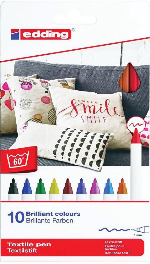 edding 4600 Feutre pour textiles - étui de 10 couleurs (basic) - pointe ronde de 1 mm - feutre textile lavable en machine (60 °C) pour décorer le tissu - marqueur textile