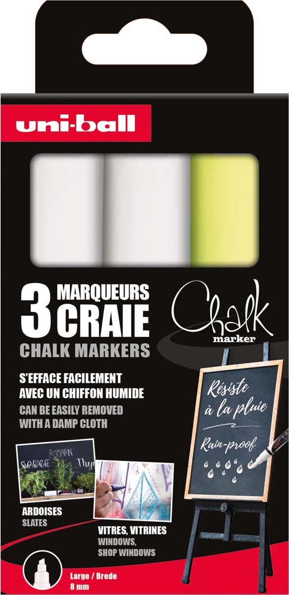 Uni-ball krijtmarker | beitelvormige punt 8 mm | etui met 3 stuks | assorti