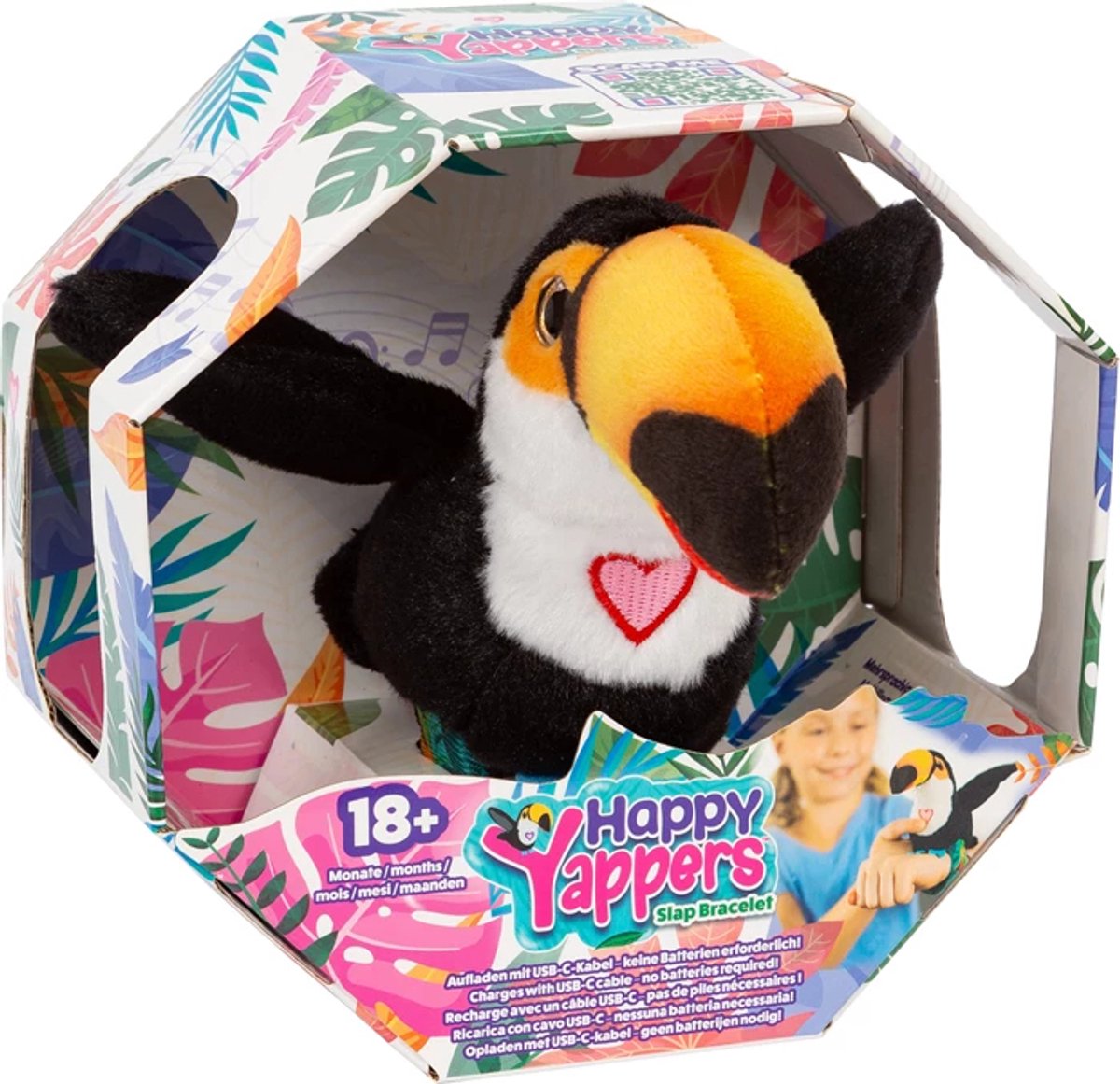 Vedes interactieve pluche vogel Happy Yappers Tukan met geluid en USB-oplaadbaar.