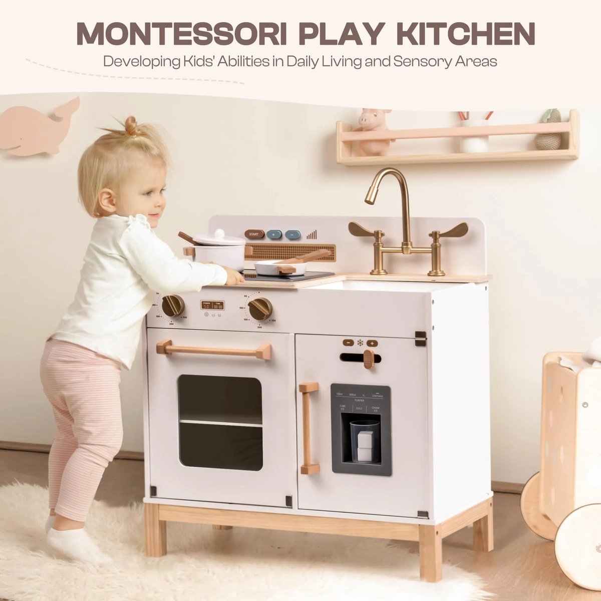 ROBOTIME-Houten Kinderkeuken Speelset - Kinderkeuken Speelset met Nep IJsblokjes Dispenser - WCF17 - Montessori - Hout