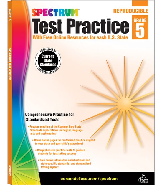 Spectrum Test Practice, Grade 5. Bevat oefeningen voor gestandaardiseerde tests. Met online bronnen per staat.