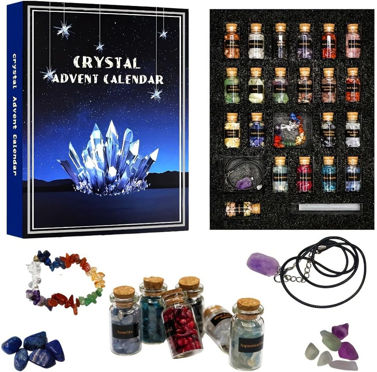 Adventskalender met 24 natuurlijke edelstenen voor Kerst 2025 - Luxe en uniek cadeau voor volwassenen.