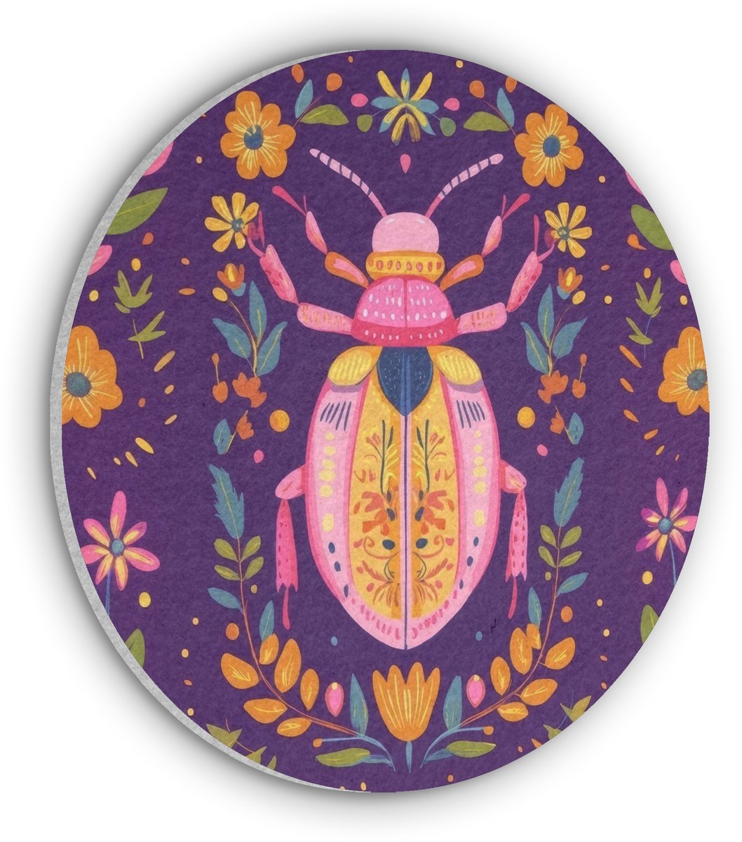Akoestisch wandpaneel rond 70x70 cm - Vilt schilderij Kever - Felgekleurd - Bloemen - Bladeren - Ronde akoestische panelen - Geluidsdempende wanddecoratie - Geluidsisolatie wandcirkel - Muurdecoratie geluidspanelen
