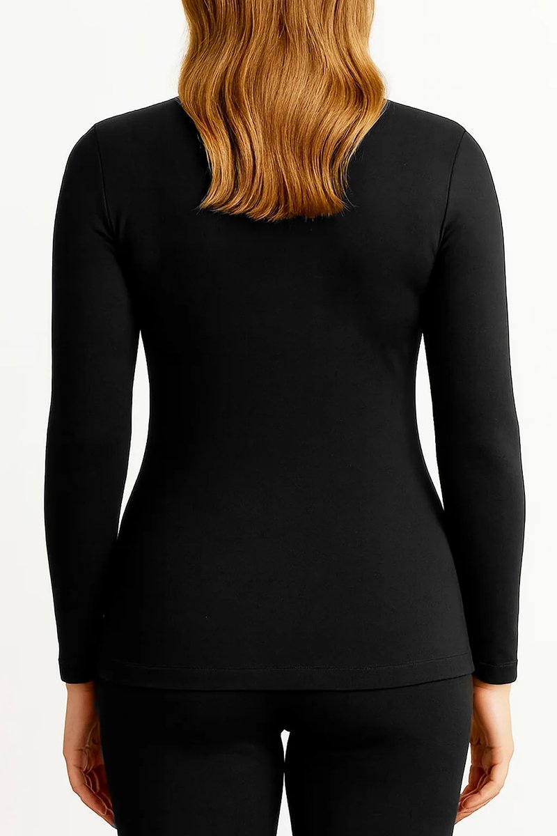 Entex thermo shirt dames lange mouw - Warm wollen ondershirt - Diepe ronde hals - Zwart / M