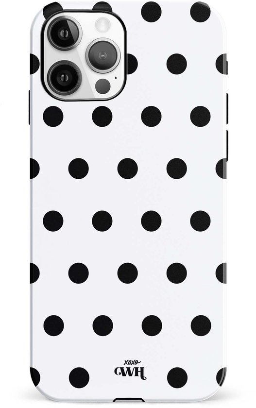 Wit hoesje met zwart stippatroon voor iPhone, met camera-uitsparing en logo.