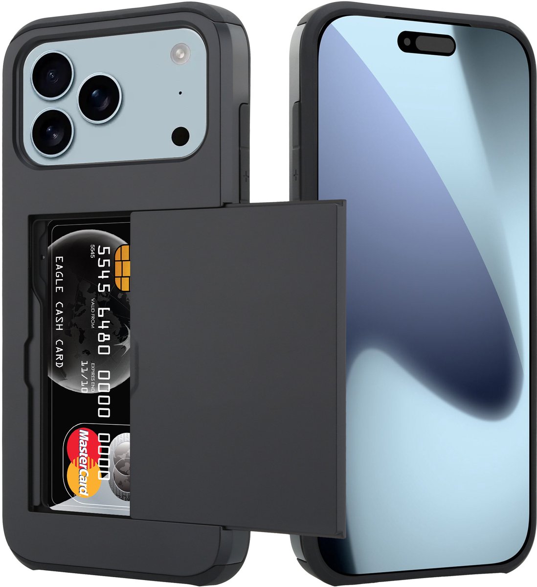ShieldCase kaarthouder case met slider geschikt voor iPhone 17 Pro Max (zwart) – stevig hoesje met pasjeshouder, premium bescherming en strak design