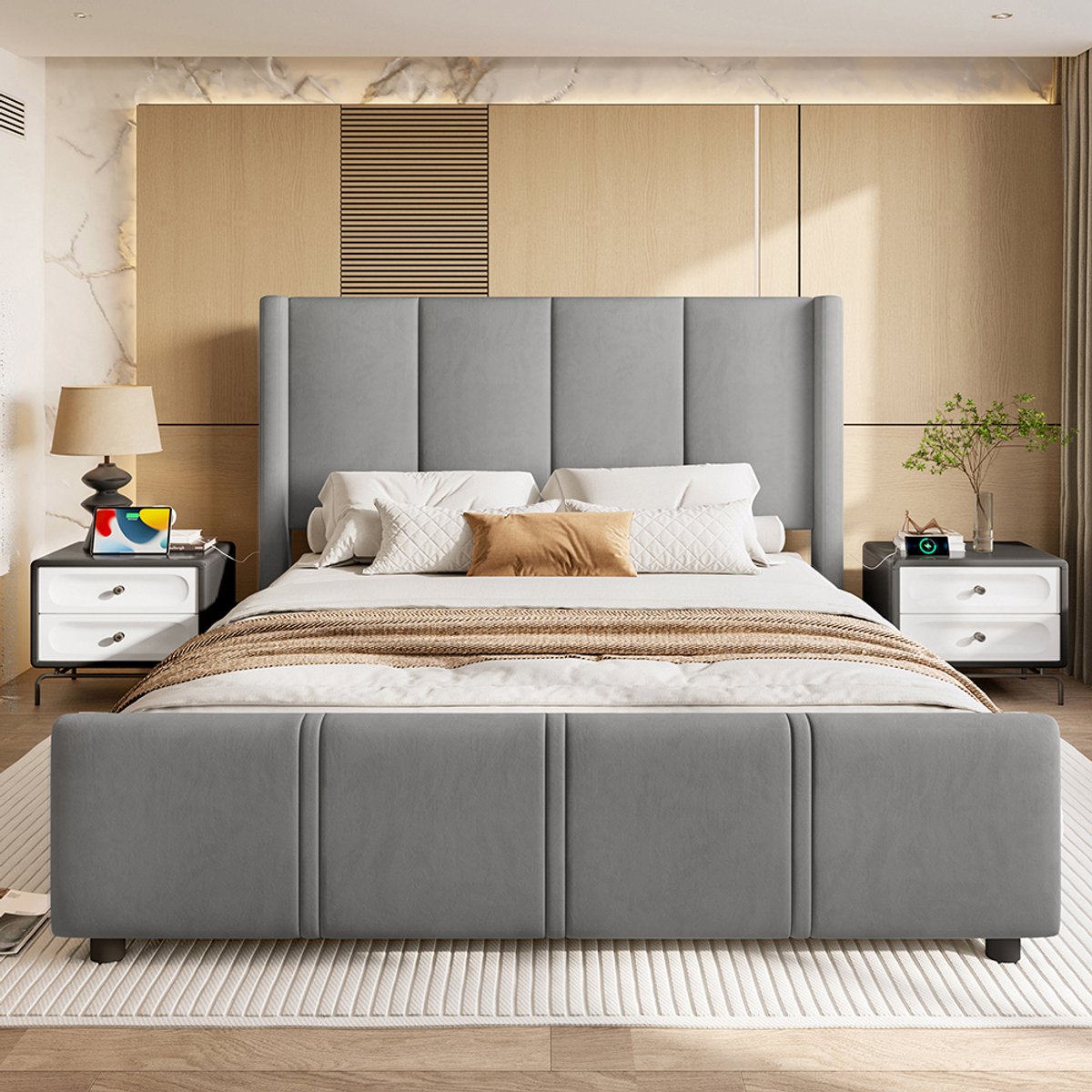 BLACKCOLORS 160 x 200 cm Elegant en modern gestoffeerd bedframe, hoog hoofdeinde en voeteneinde, gecertificeerde USB-poort, combinatie van ijzer en hout, stabiel en duurzaam, grijs