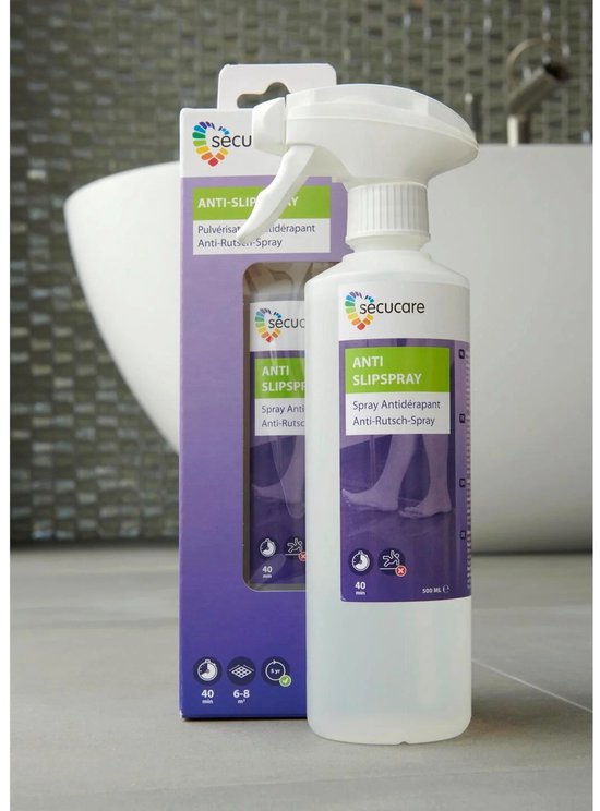 Secucare anti-slip spray fles met doos. Paarse doos met productinformatie en afbeelding van voeten op tegels.
