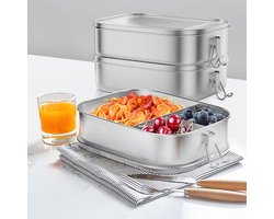 QTTVBTNA -RVS Lunchbox 1400ml – Lekvrij Broodtrommel met 3 Vakken – Herbruikbare Bento Box zonder Plastic – Duurzame Brooddoos voor Volwassenen en Kinderen