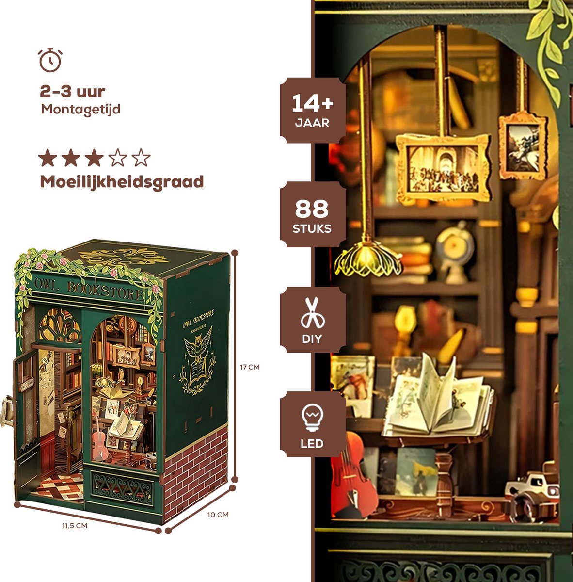 CuteBee Book Nook - Modelbouw - Houten 3D Puzzel - DIY Bouwpakket Volwassenen en Volwassenen - Boekensteun - Boekenhouder - Owl Bookstore — afbeelding 2