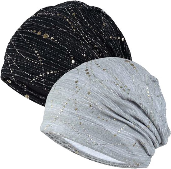 2-delige chemotherapiemuts voor dames, kanten hoofdband, superzachte casual hoofdband, hoofddeksel - zwart + grijs