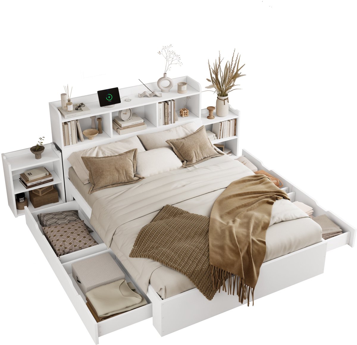 Merax Tweepersoonsbed 140×200 cm – Houten Bed met Lattenbodem en Hoofdbord – Bed met Uitrolbare Nachtkastjes Lades en Oplaadfunctie – Wit – Zonder Matras