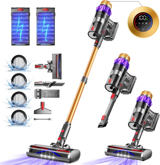 Elekiatech Steelstofzuiger Draadloos - Met 2 Accu - 65000Pa Steelstofzuiger - 3 Standen Zuigkracht - LED-Display - 20–70 Min Werktijd - 1,8L - Met Meubelborstel - Voor Tapijt, Harde Vloeren en Dierenharen - 550W - Gold