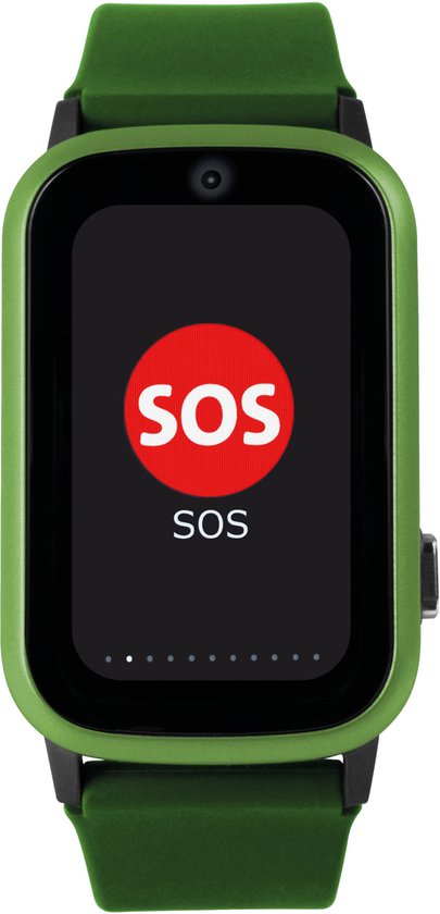 Groen one2track horloge met een SOS-symbool op het zwarte scherm.