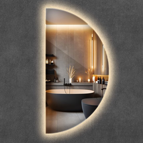 Miroir LED Wallfluent - Miroir demi-rond - 50 cm x 100 cm - Miroir circulaire - Miroir de salon - Miroir de salle de bain - Miroir de couloir - Miroir de chambre - Wit chaud 3000 K - Maquillage - Miroir de rasage - Miroir mural scandinave
